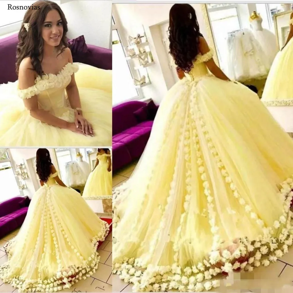 

Yellow Ball Gown Quinceanera Dresses 2019 Off Shoulder Backless Sweep Train Hand Make Flowers Prom Party Gowns For Sweet 15