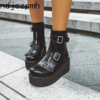

Women's Boots Autumn And Winter The New Round head zipper belt buckle Wedge High heel Short tube Women's shoes plus size 33-46