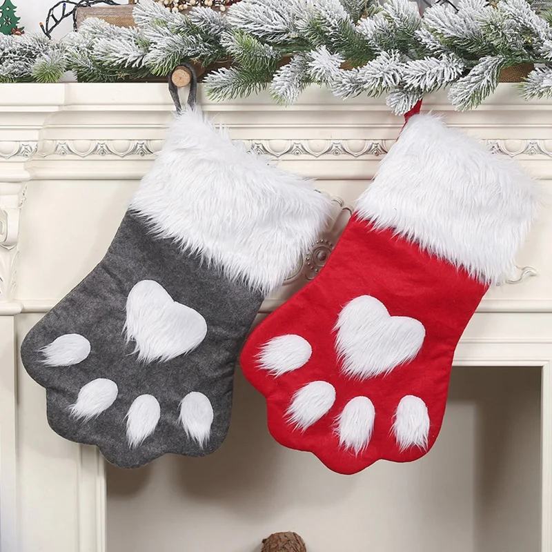 

2 Piece Christmas Stockings Ornaments Red Grey Pet Christmas Hanging Socks Children's Gift Bag