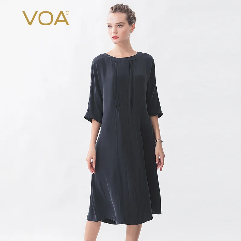 

VOA Navy 40mm heavyweight tuck pleat design round neck 5-point raglan sleeve old crisp silk dress A10751