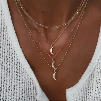 

Multilayer Chain Necklace Crystal Women Necklaces Jewelry Moon Yellow Gold Color TRENDY Tassel Trendy Collares Collier