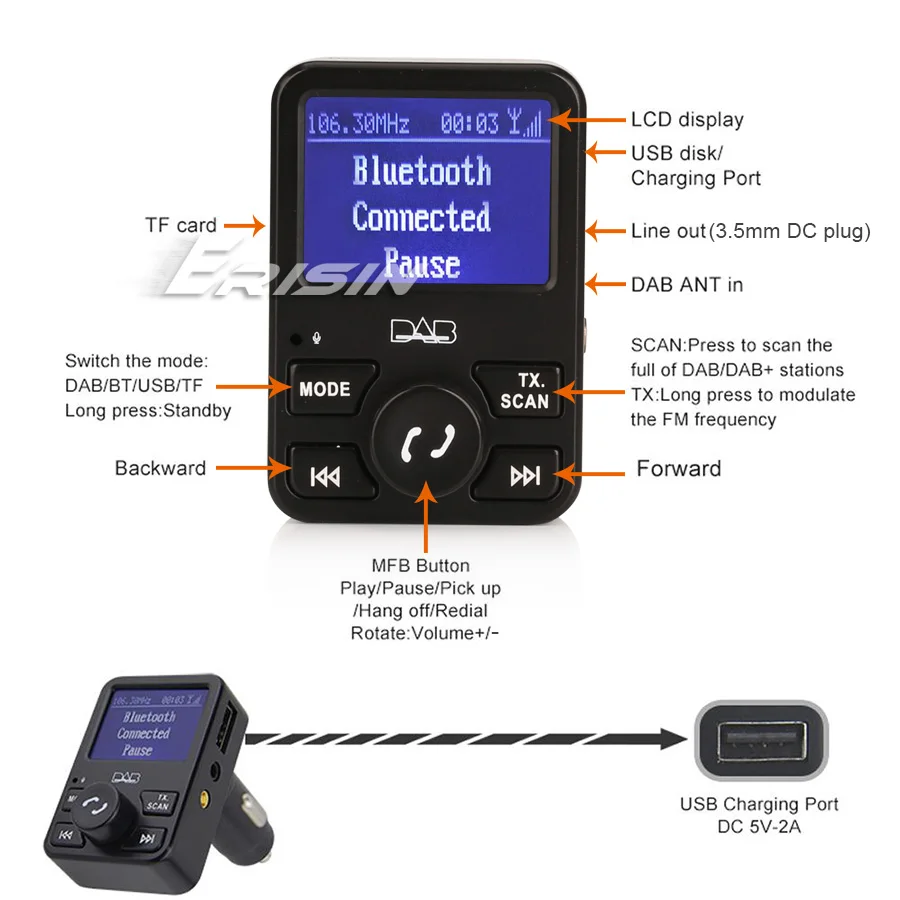 Erisin ES367 автомобильное радио стерео DAB+ цифровой приемник Bluetooth USB зарядное устройство дуплексный MP3 A2DP RDS