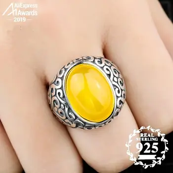 

13*18mm 6.18 Sale S925 Sterling Silver Ukraine Amber Rings Exaggerated Rings health rich lithuania Retro Chalcedony
