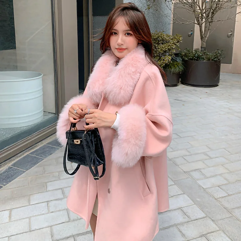 Women's Long Wool Coat Luxury Detachable Fluffy Fox Fur Genuine Real