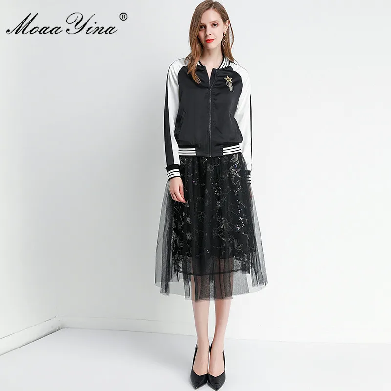

MoaaYina Fashion Designer Set Spring Autumn Women Long sleeve Beading jacket Zipper Tops+Mesh Sequin Skirt Two-piece set