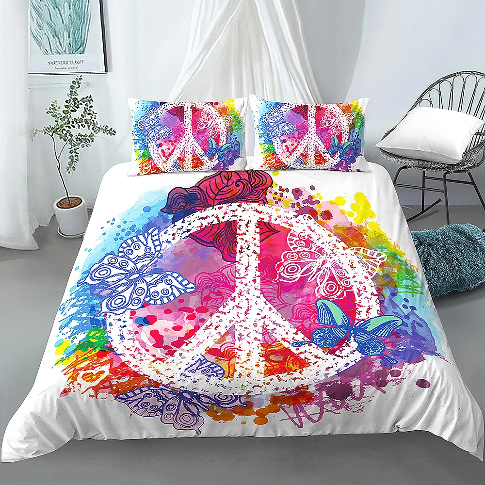 

Colorful Peace Love Butterfly Parrten Printed Duvet Cover With Pillowcase for Home Bedroom Quilt Covers Bedding Sets All Size