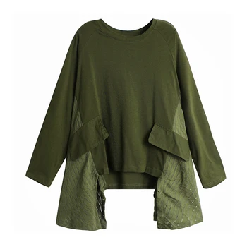 

SONDR 2020 Spring Autumn Women Army Green Irregular Split Big Size T-shirt New Round Neck Long Sleeve Fashion Tide