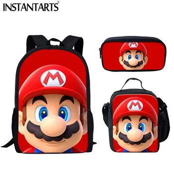 

INSTANTARTS Hot Sales Cartoon Cute Mario 3D Printing Middle School Student 3pcs Backpack Vintage Quality Mochila Kid Book Bags
