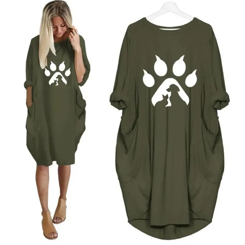 

New Arrival Pocket Cotton T-Shirt For Women Cat Dog Paw Animal Print Female T-shirt Harajuku Plus Size Top Cute Casual Tops Punk