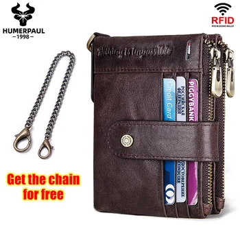

Men Wallet Short Bifold Cow Leather Men Purses Fashion Multifunction Coin Bag Hasp Small Money Purses Chain Money Pocket