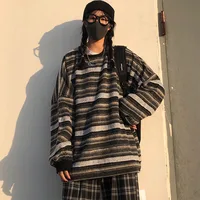 Swetry damskie Oversize Ulzzang BF Unisex pary japońska dzianina w paski sweter Hip Hop kobieta nowa moda zimowa Retro codzienna 5