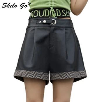 

Genuine Leather Shorts Color Block Cut-and-Sew Diamond Panel Button Front Wide Leg Shorts Women Autumn Casual Highstreet Shorts
