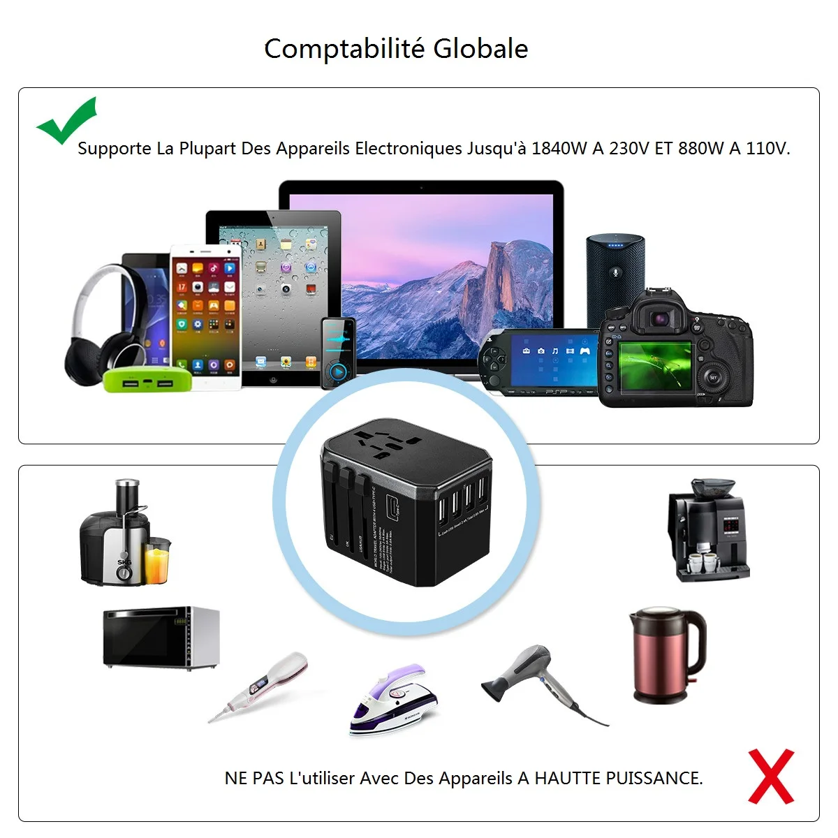 Travel Adapter International Universal Power Adapter Wall Charger 4 USB Port Type-C Electric Plugs Sockets For EU/UK/US/AU