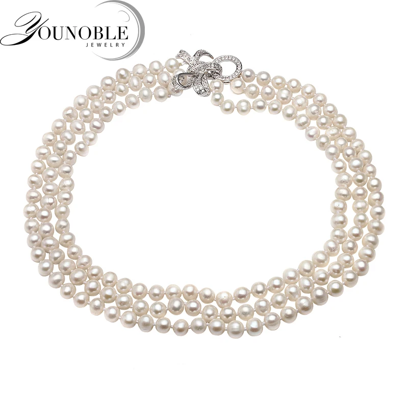 Real Natural Freshwater Round Pearl Necklace Women,White Beautiful Choker 3 Multi Layered Necklace