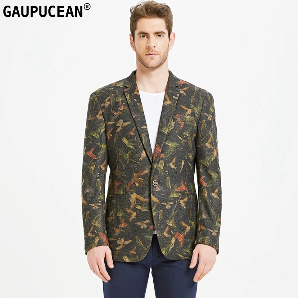

Easy Care Wearproof Slim Fashion 3D Birds Printed Man Suit Jacket Quality Male Casual Spring One Button Green Vintage Men Blazer