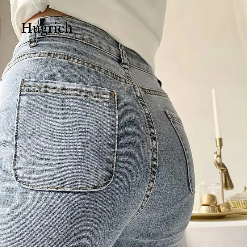 Autumn and Winter New European and American Style High Waist Stretch Horn Jeans Women, Slim Long Legs Solid Color Jeans Women