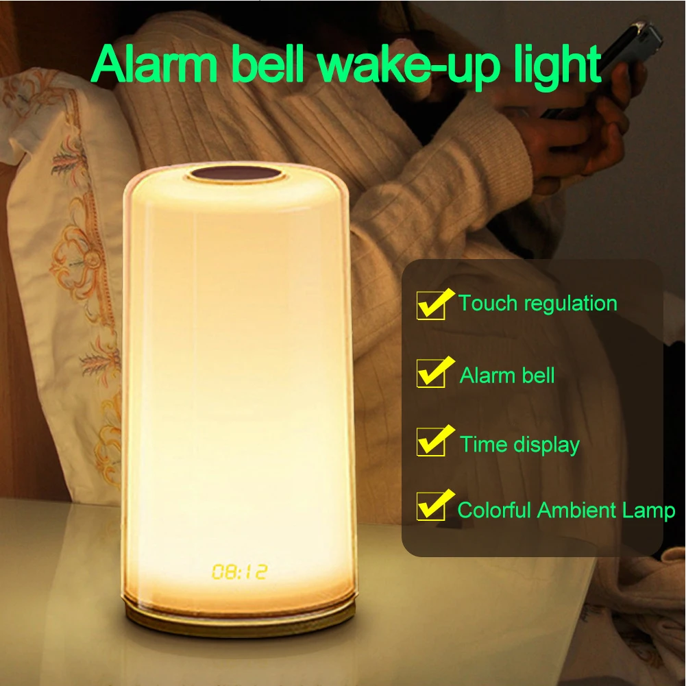 Table Lamp Alarm Clock Office Color Changing Decorative Home Desktop Night Light Sunset Sunrise Dimmable Led Touch Control