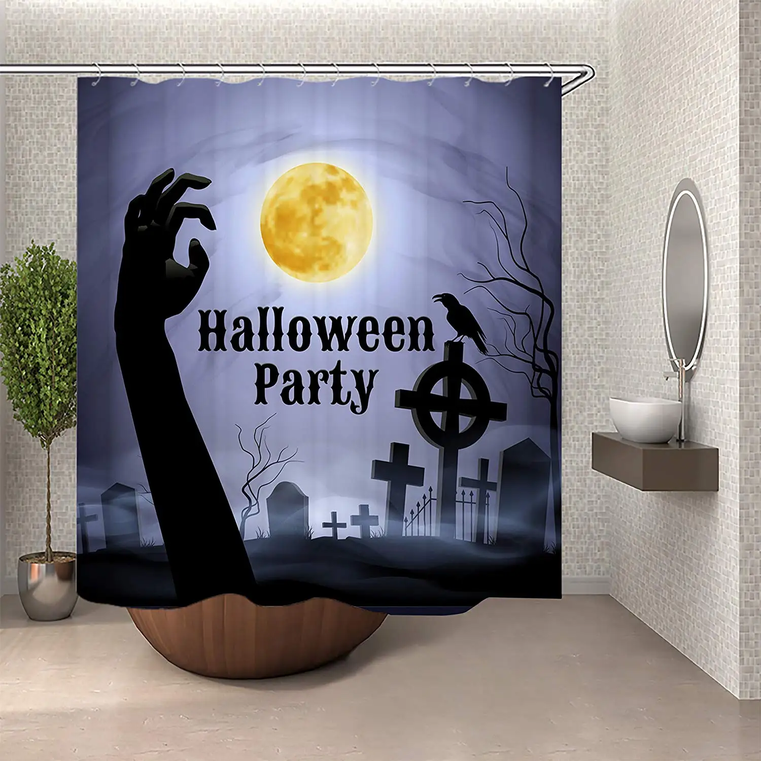 С надписью Happy Halloween на жуткий кладбище под полной луной для душа Шторы