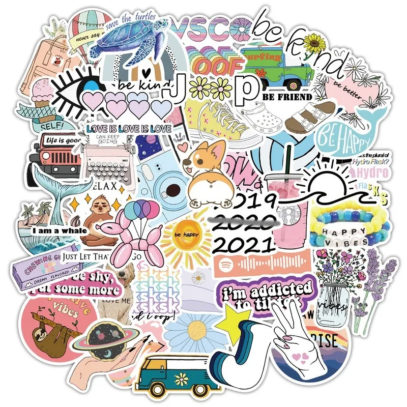 

50pcs Fresh Stickers Non-repetitive Waterproof Repeated Pasting Cute Cartoon Decals Suitcase Guitar Skateboard Notebook Sticker
