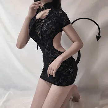 

Classic Sexy Cheongsam Dress Uniform Hollow Out Lace Bandage Temptation Nightgown Beauty Back Home Wear Temptation Sleepwear