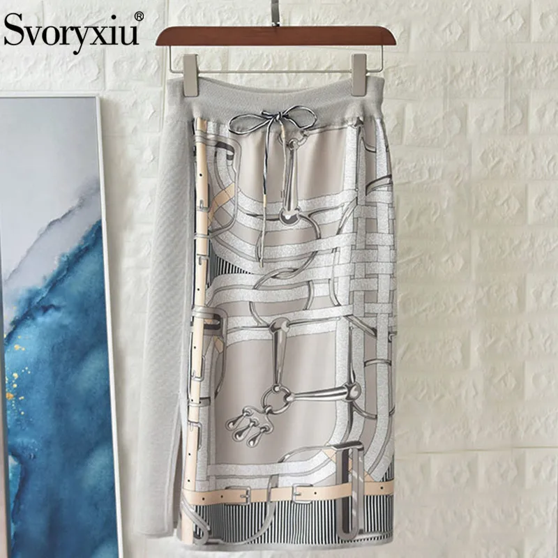 Svoryxiu модные дизайнерские осенние юбки женские шелковые цепи печатных лоскутное вязание сбоку сплит сексуальные юбки