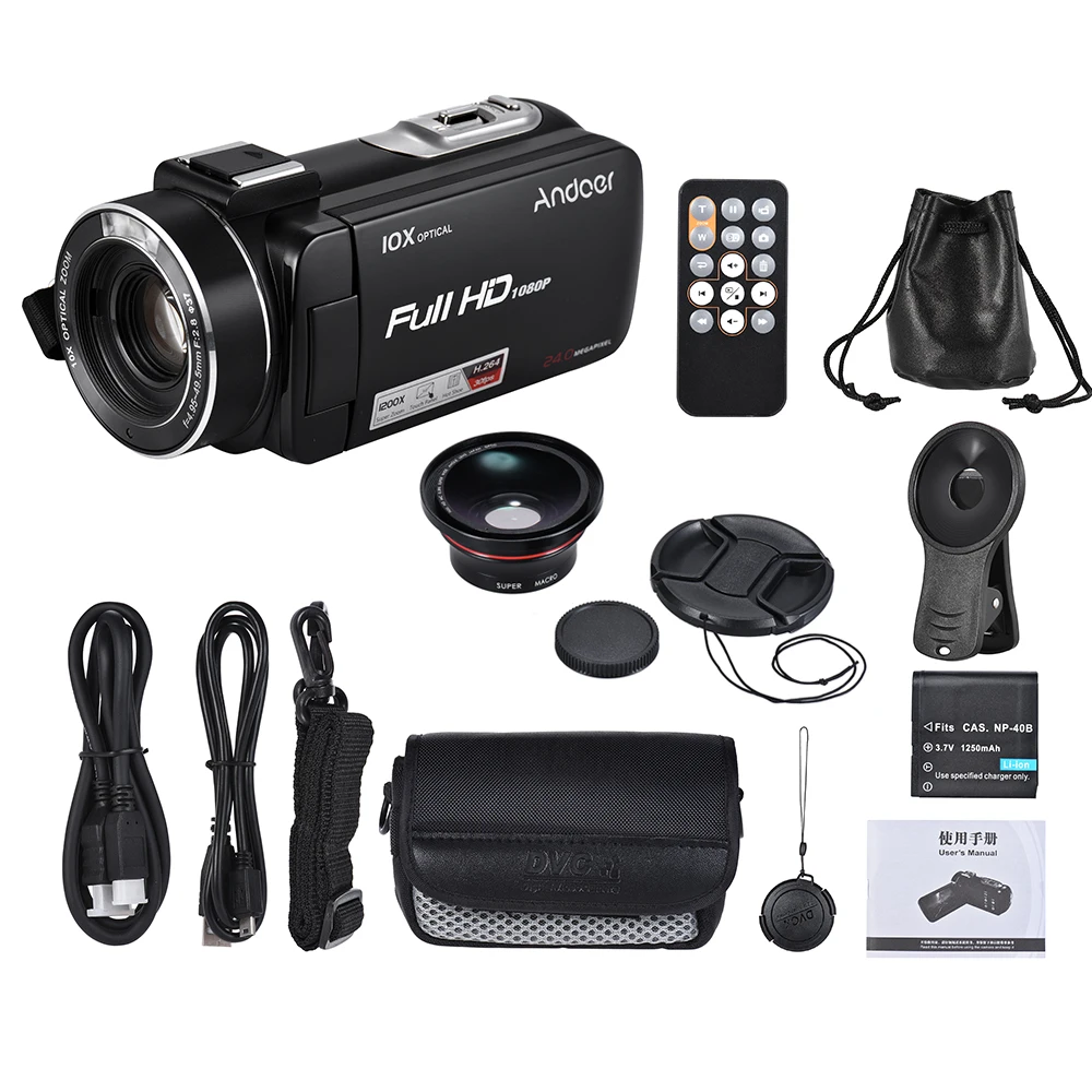 Andoer HDV-Z82 1080P Full HD 24MP цифровая видеокамера с 0.39X широкоугольным объективом+ макро-объектив " сенсорный пульт дистанционного управления