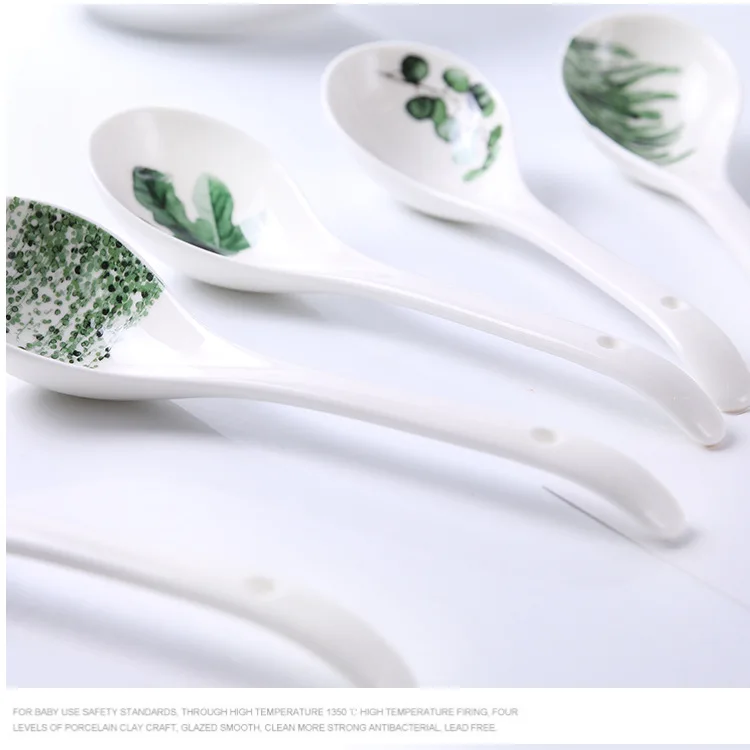 Скандинавские свежие растения керамическая ложка с зелеными листьями фарфоровая лапша суп ложка с длинной ручкой ложка для размешивания кофе Бытовая Посуда