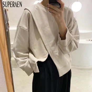 

SuperAen Korean Style Hoody Women Sweatshirts Spring New 2020 Round Neck Solid Color Ladies Sweatshirts Wild Cotton Tops Female