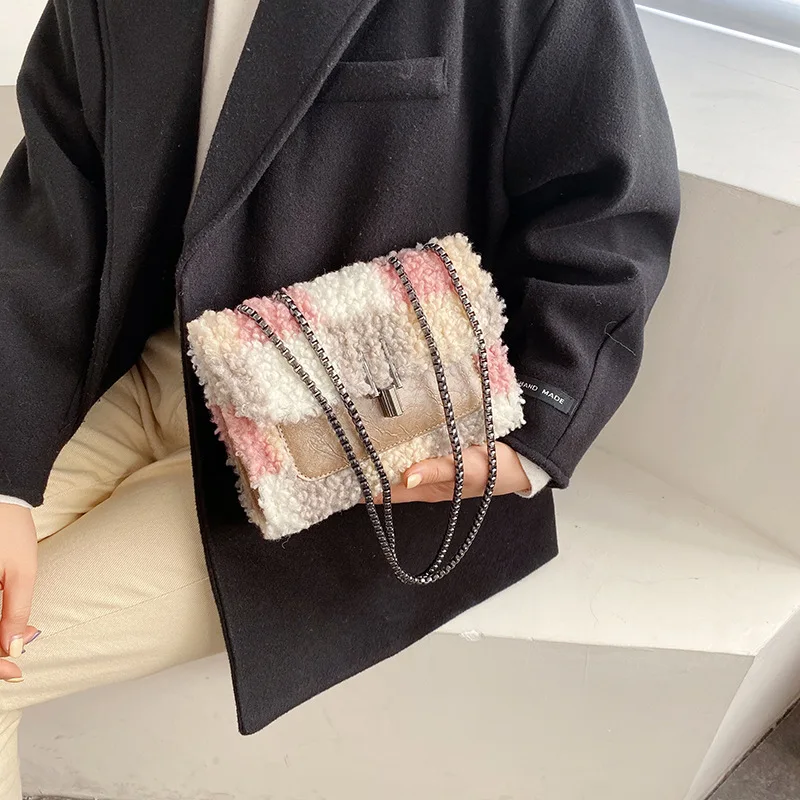 

Woolen Autumn And Winter Bag Women's 2019 New Style Korean-style Lambs Wool Chain Bucket Bag Versatile INS Plaid Shoulder Bag