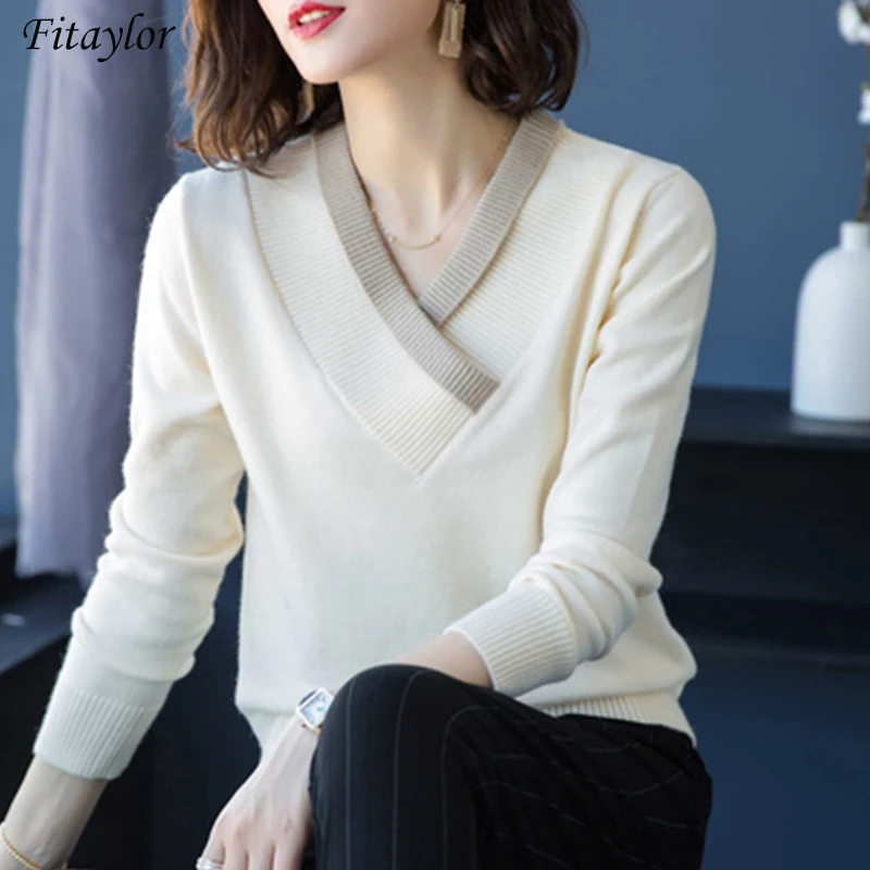 Fitaylor Women V Neck Sweater Casual Female Long Sleeve Short Knitwear Slim Fit Spring Autumn Pullovers Solid Color Knitted Tops | Женская