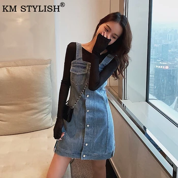 

Spring Summer 2020 New Casual Women's Two-Piece Sets Blue Denim Slim Mini Dress With Pockets Black Cotton T-shirt Suits Clothes