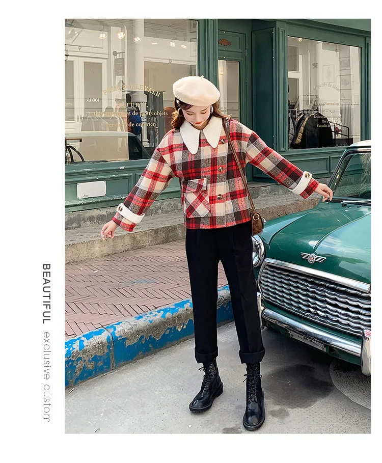 Online Celebrity New Style Winter Women's Lamb Plush Short Coat Korean-style Elegant Fashion Plaid Slimming Tops