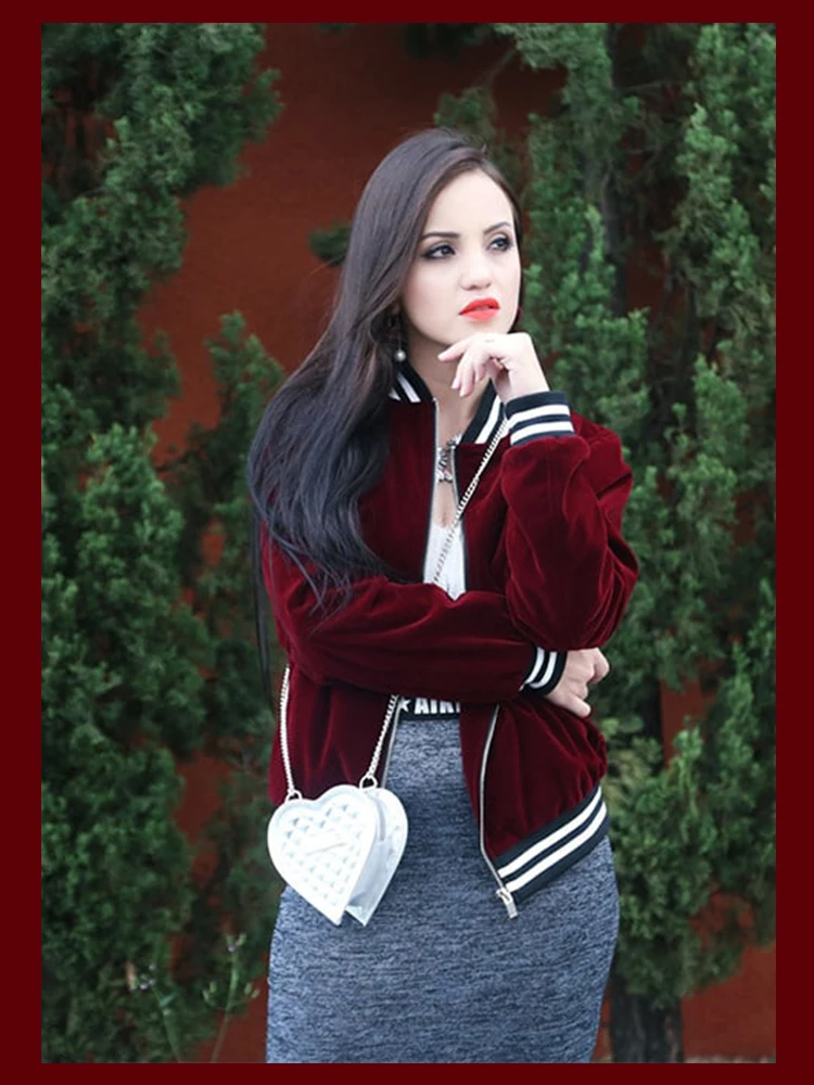 low cost  Dotfashion Varsity Striped Velvet Bomber Jacket 2019 Burgundy Stand Collar Coat Ladies Autumn Long 