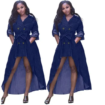 

New Spring Autumn Women Denim Dress Casual Front Short Back Long Solid Suit Collar Double Button Belt Slim Female Jeans Dress