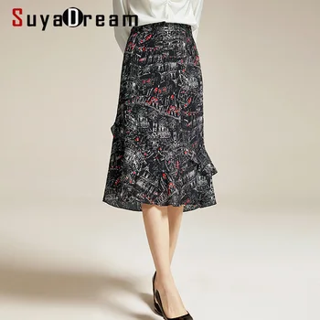 

SuyaDream Women 100% Silk Crepe Printed Ruffles Mermaid Skirt 2020 Spring Knee length Skirts