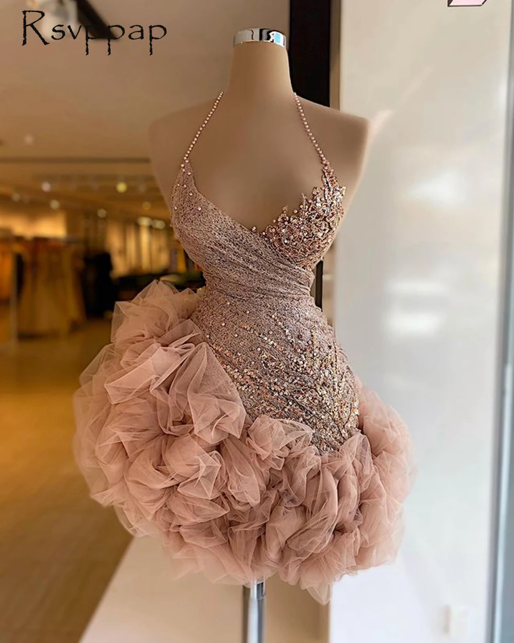 Cute Halter Ruffles Rose Pink Beaded African Women Formal Cocktail Dresses