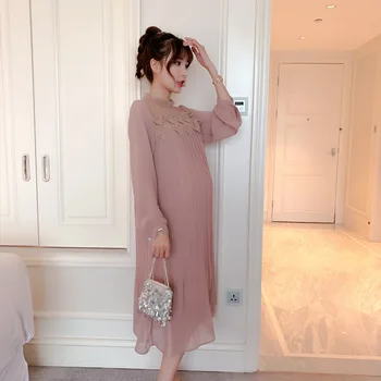 

Lace Design Chiffon Dresses Maternity Clothes For Pregnant Women Long Sleeve Pleated Dresses Pregnancy Maternity Vestido ZH022
