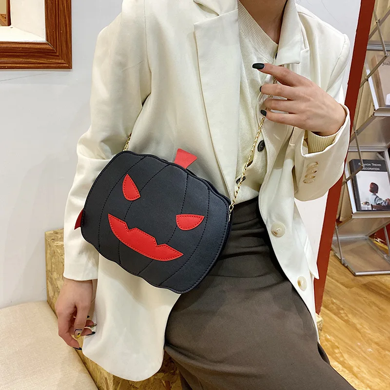 Newest Female Fanny Crossbody Handbag Halloween Devil Pumpkin Shaped Fashion Wild Fantastic Shoulder Bag with Chain Strap