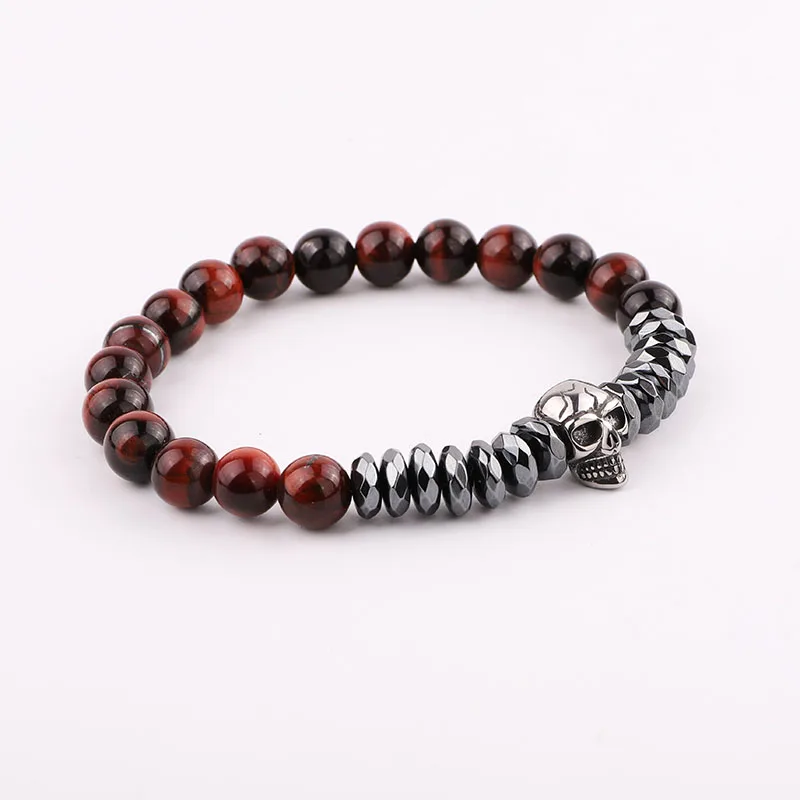 New Design Men Bracelet Stainless Steel Skull Charm Hematite Tiger Eye Beads Elastic Bracelet Men Jewelry Gift - Image 6