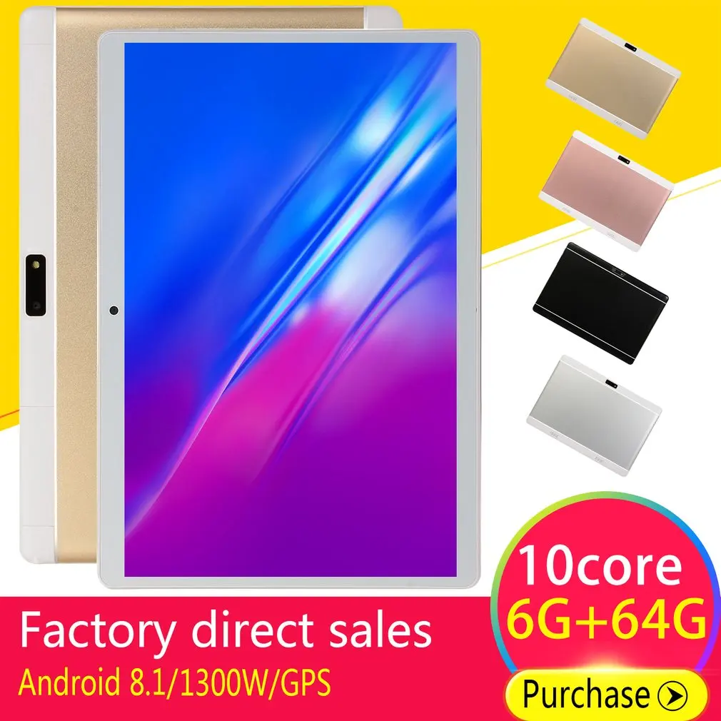 

V10 Classic Tablet 10.1 Inch HD Large Screen Android 8.10 Version Fashion Portable Tablet 6G+64G Gold Tablet Gold EU Plug
