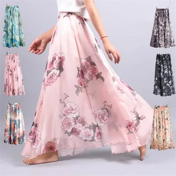 

Women Florals Print Long Skirt Female Bohemia Style Elastic High Waist Skirt Casual Chiffon Beach Skirts PT052