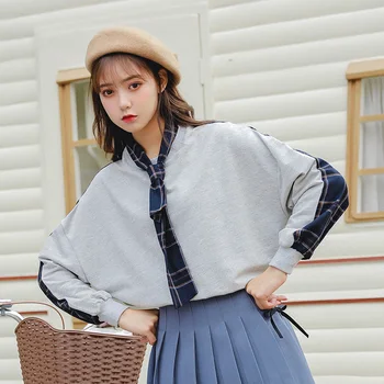 

Korean Chic Plaid Patchwork Tie Collar Women Pullover Sweatshirt Autumn Casual Batwing Sleeve Loose Female Hoodies Sweatshirts