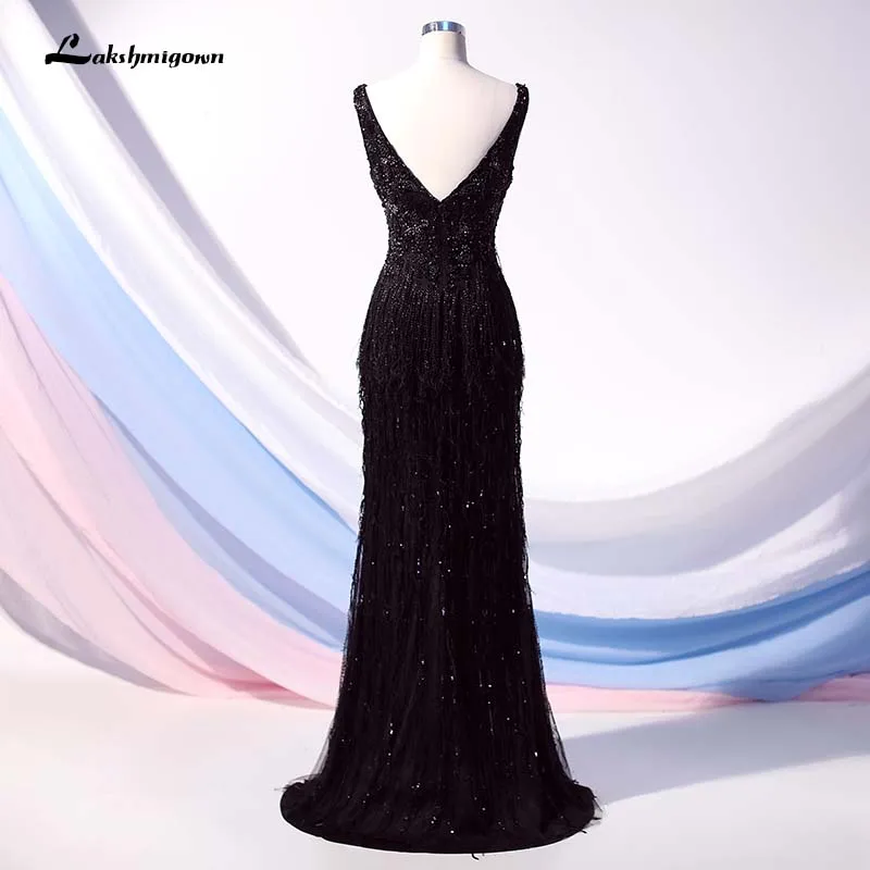 Lakshmigown, Черное вечернее платье с кисточками, длинное, с кристаллами, с бисером, с открытой спиной, официальное, вечернее платье, вечернее платье, Robe De Soiree