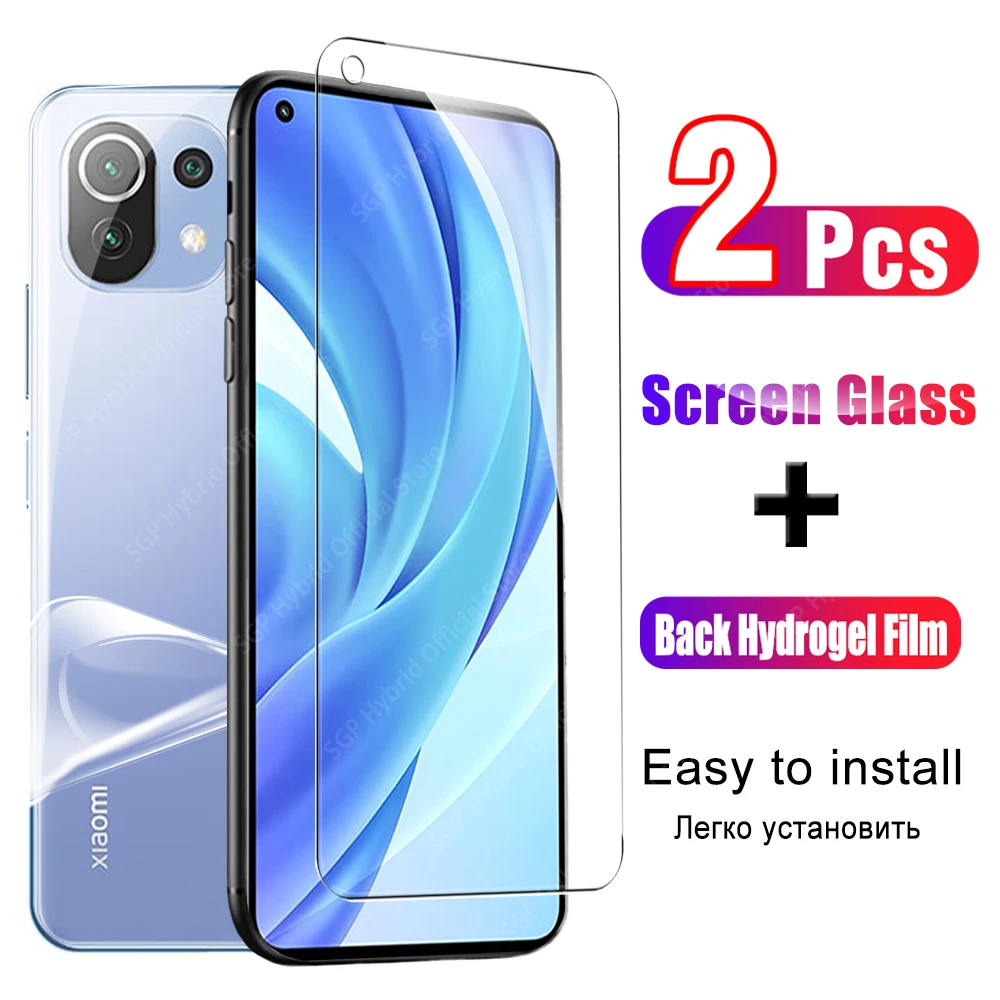 2in1 Screen Protective Tempered Glass On The For Xiaomi Mi 11 Lite 5G 11lite Mi11 Light Mi11lite HD Back Hydrogel Film Protector | Мобильные
