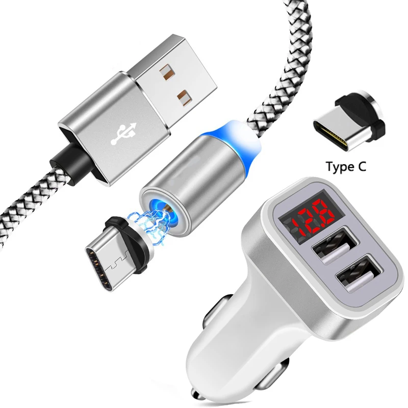 Магнитный USB кабель type C для samsung S10 S9 S8 Plus S10E S10 5G Note 10 Pro A50 A70 A80 A90 5G светодиодный дисплей двойной USB Автомобильное зарядное устройство