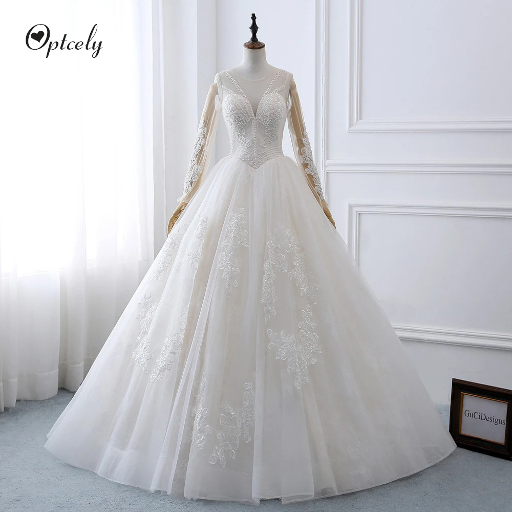 

Optcely Romantic Scoop Neck Long Sleeve Backless A-Line Wedding Dress 2019 Exquisite Appliques Beading Lace Up Hall Bridal Gowns