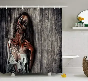 

Shower Curtain, Scary Bloody Woman Zombie In The Dark Halloween Image Polyester Fabric Bathroom