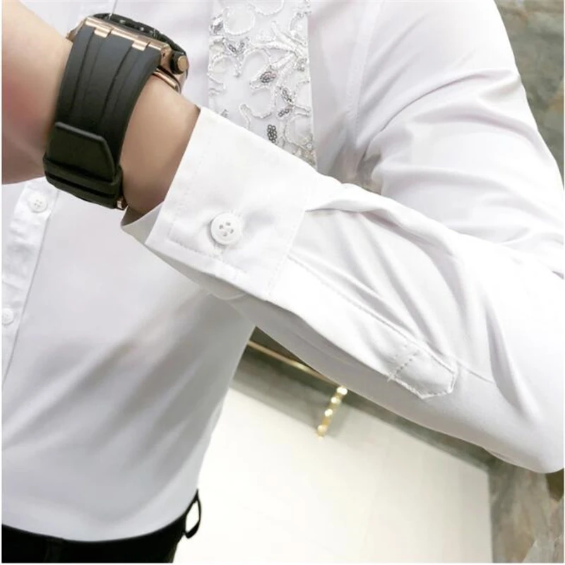 Men's Shirt White Black Wedding Party Dress Shirt Luxury Male Camisa Long sleeve