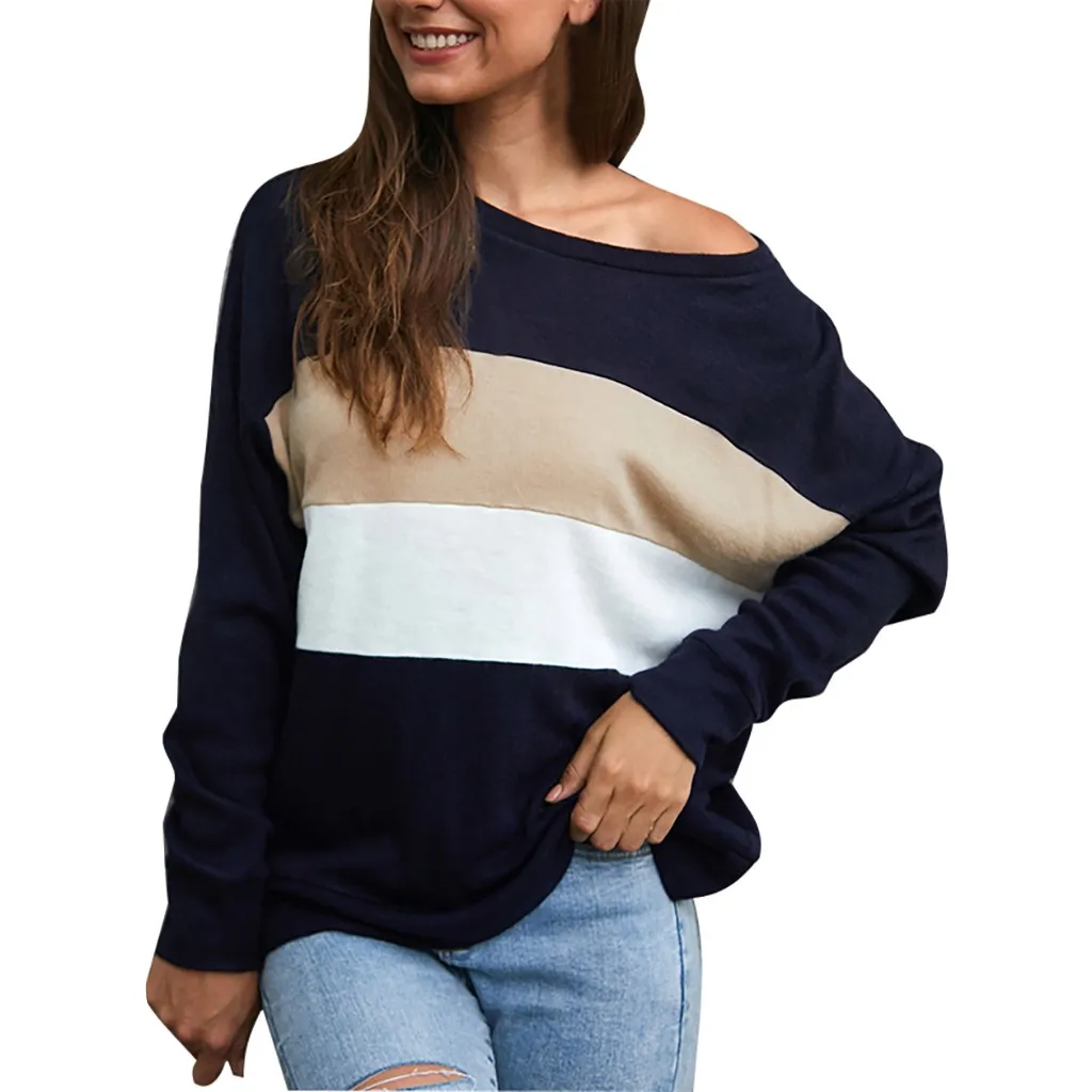 

2019 Autumn Women Sweater High Elastic Embroidery O-Neck Striped Stitches Shoulder Strap Sweater Women Sexy Knitted Pullove