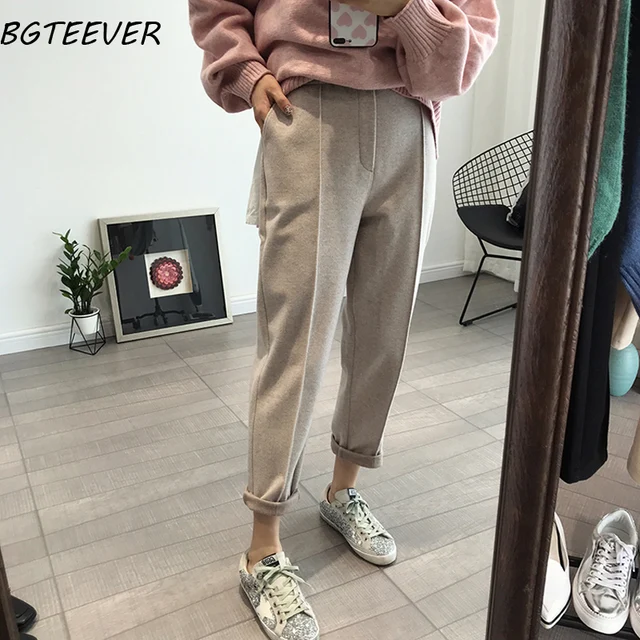 BGTEEVER Winter Thicken Women Pencil Pants Wool Pants Female Autumn High Waist Loose Trousers Capris Soft Good Fabric oatmeal